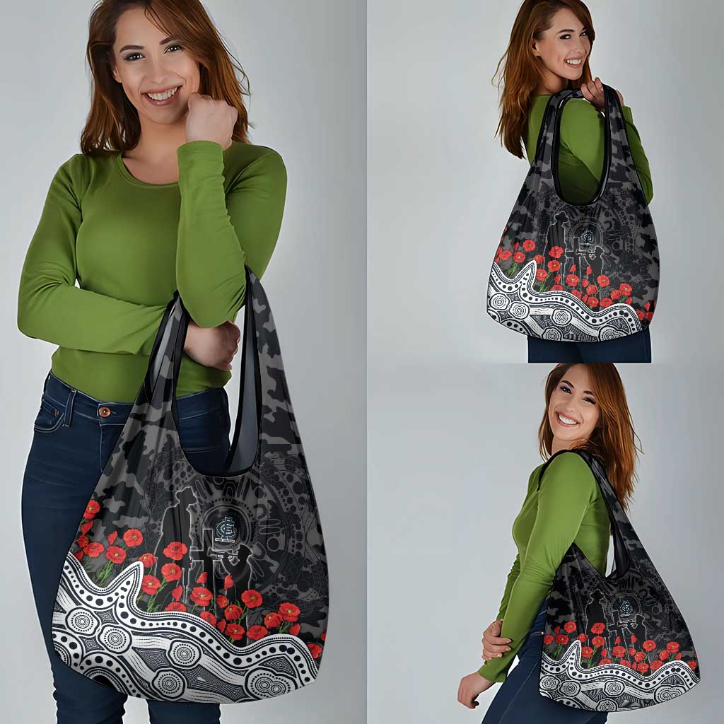 Carlton Blues ANZAC Day Grocery Bag Indigenous Dot Art with Poppy Flower Tribute
