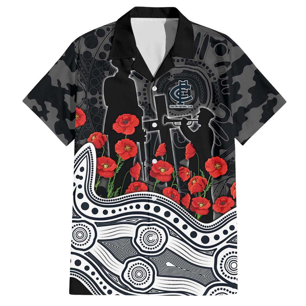 Carlton Blues ANZAC Day Hawaiian Shirt Indigenous Dot Art with Poppy Flower Tribute