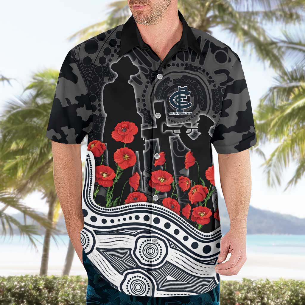 Carlton Blues ANZAC Day Hawaiian Shirt Indigenous Dot Art with Poppy Flower Tribute