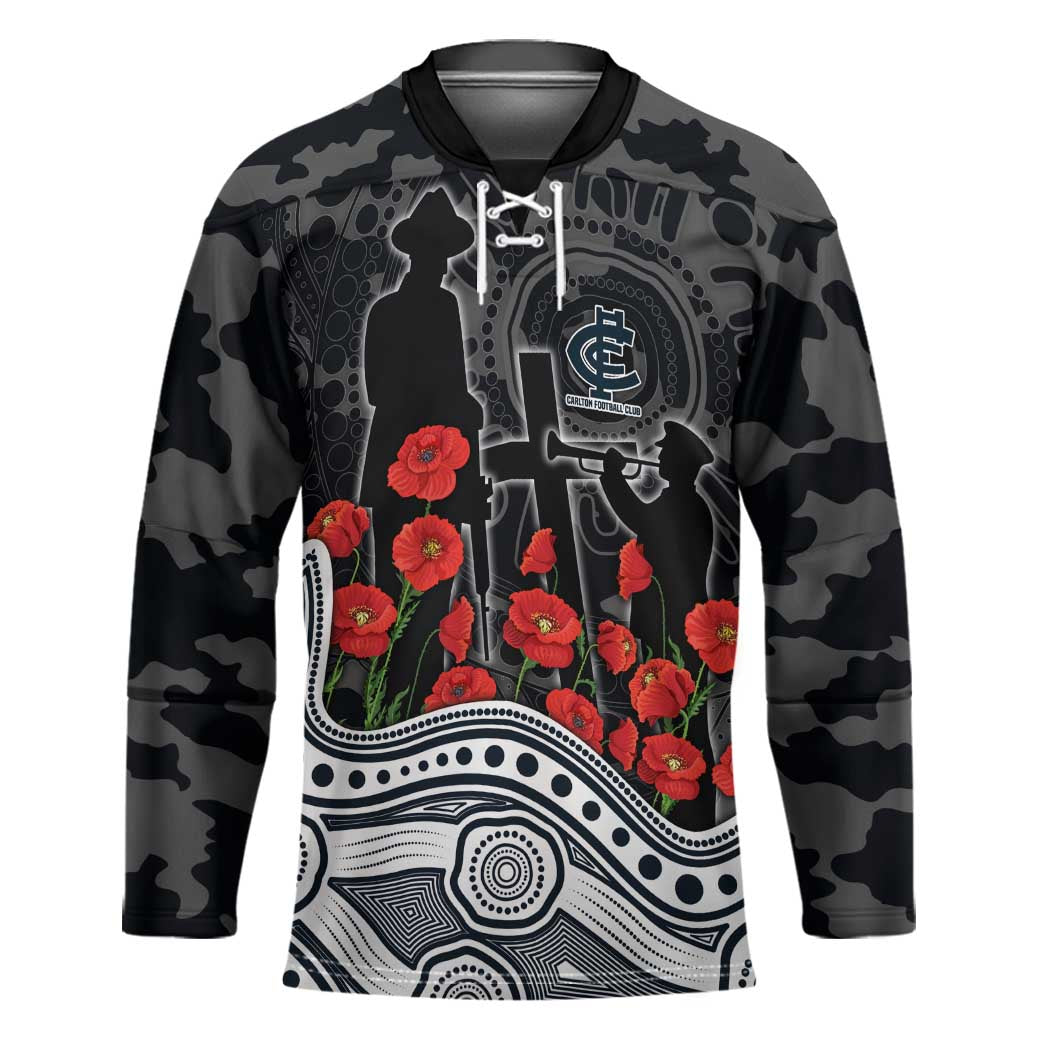 Carlton Blues ANZAC Day Hockey Jersey Indigenous Dot Art with Poppy Flower Tribute