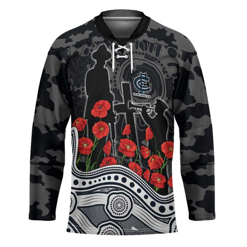 Carlton Blues ANZAC Day Hockey Jersey Indigenous Dot Art with Poppy Flower Tribute