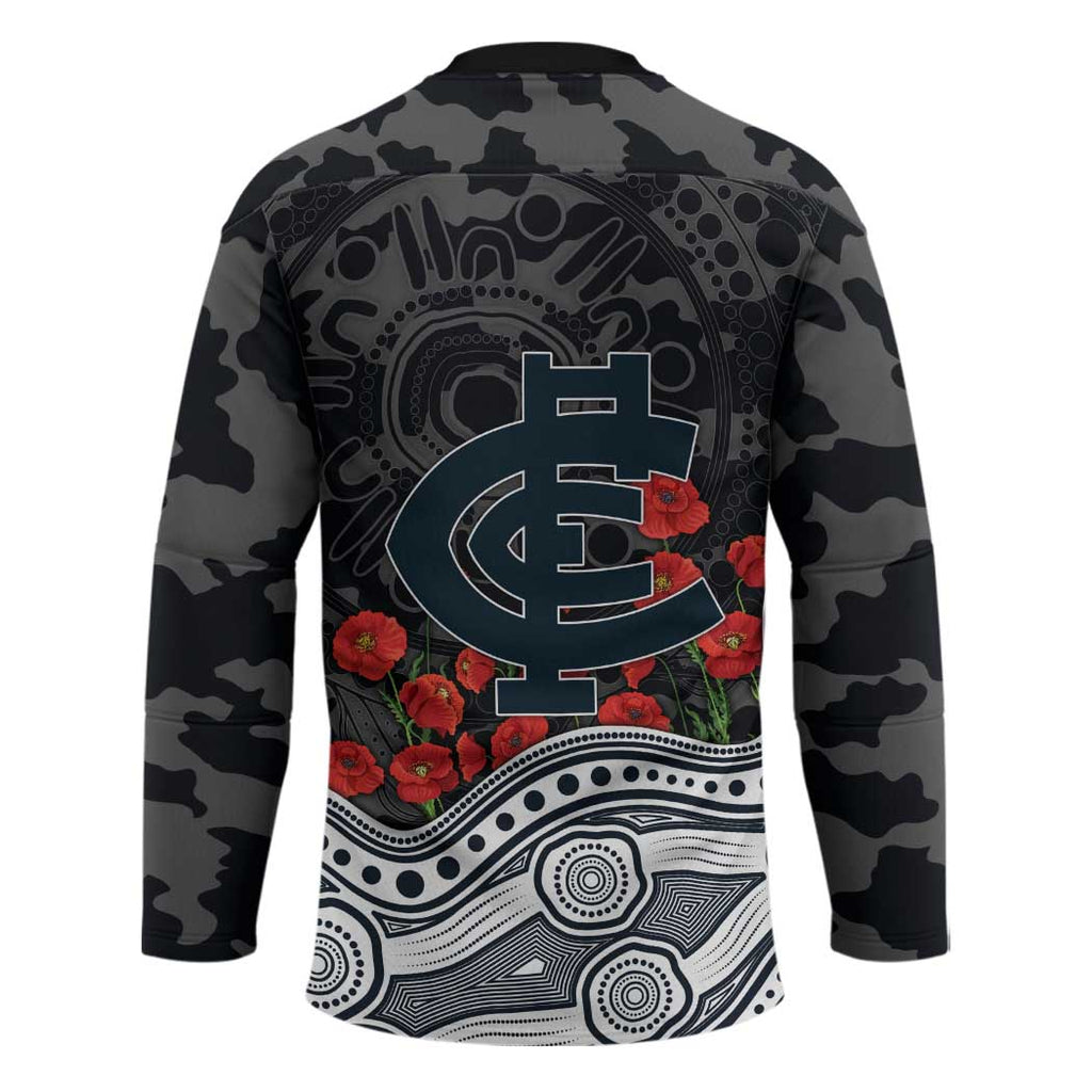 Carlton Blues ANZAC Day Hockey Jersey Indigenous Dot Art with Poppy Flower Tribute