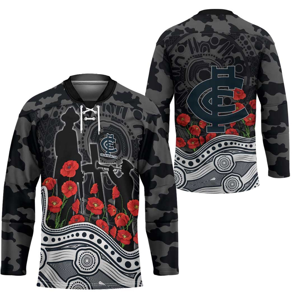 Carlton Blues ANZAC Day Hockey Jersey Indigenous Dot Art with Poppy Flower Tribute