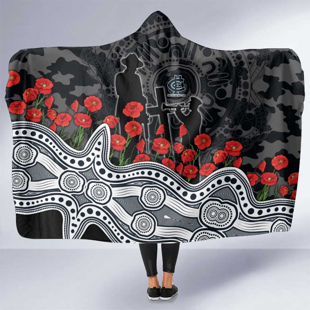 Carlton Blues ANZAC Day Hooded Blanket Indigenous Dot Art with Poppy Flower Tribute