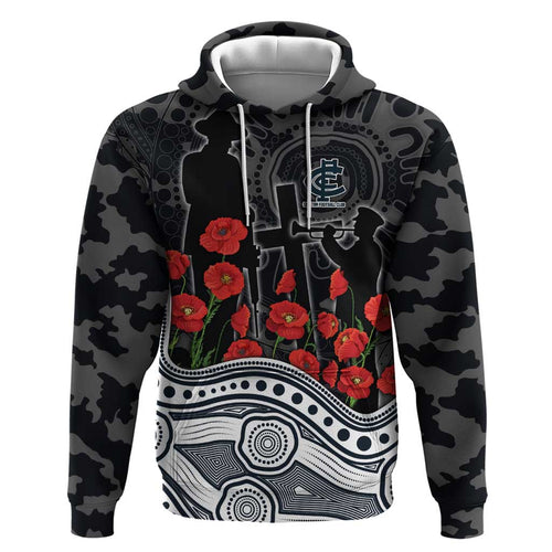 Carlton Blues ANZAC Day Hoodie Indigenous Dot Art with Poppy Flower Tribute