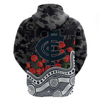 Carlton Blues ANZAC Day Hoodie Indigenous Dot Art with Poppy Flower Tribute