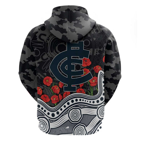 Carlton Blues ANZAC Day Hoodie Indigenous Dot Art with Poppy Flower Tribute