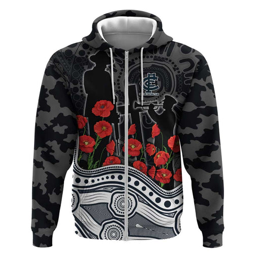 Carlton Blues ANZAC Day Hoodie Indigenous Dot Art with Poppy Flower Tribute