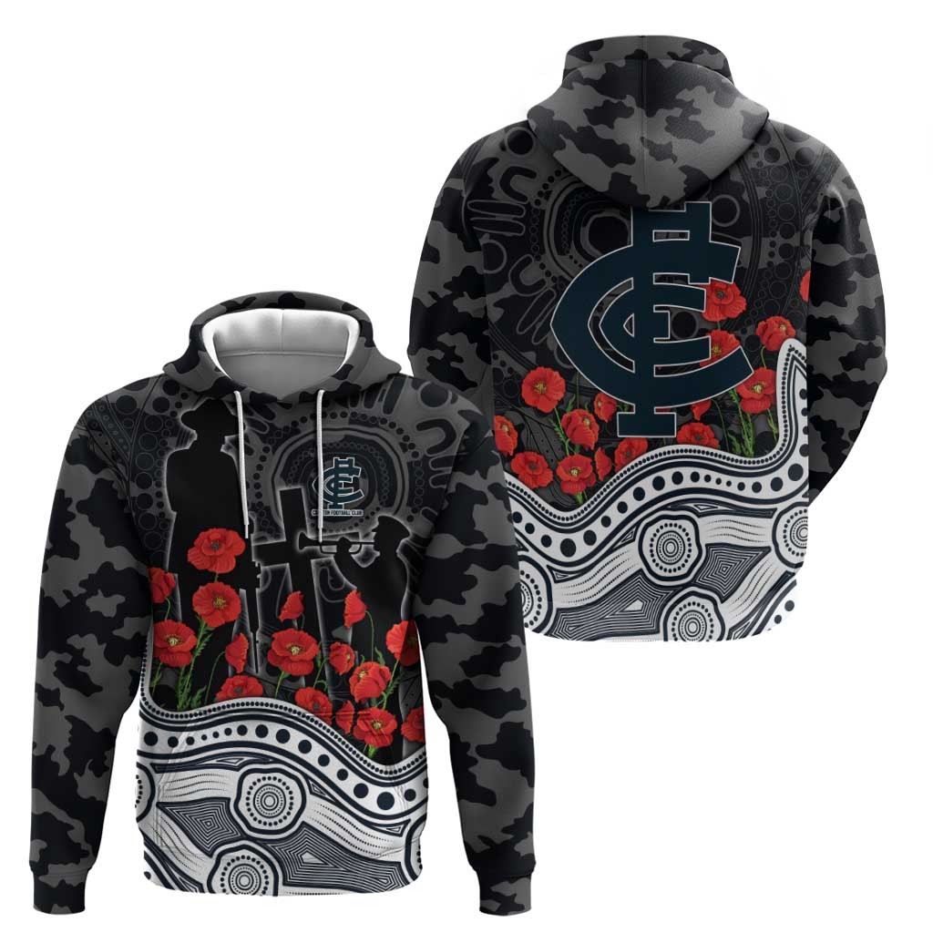 Carlton Blues ANZAC Day Hoodie Indigenous Dot Art with Poppy Flower Tribute