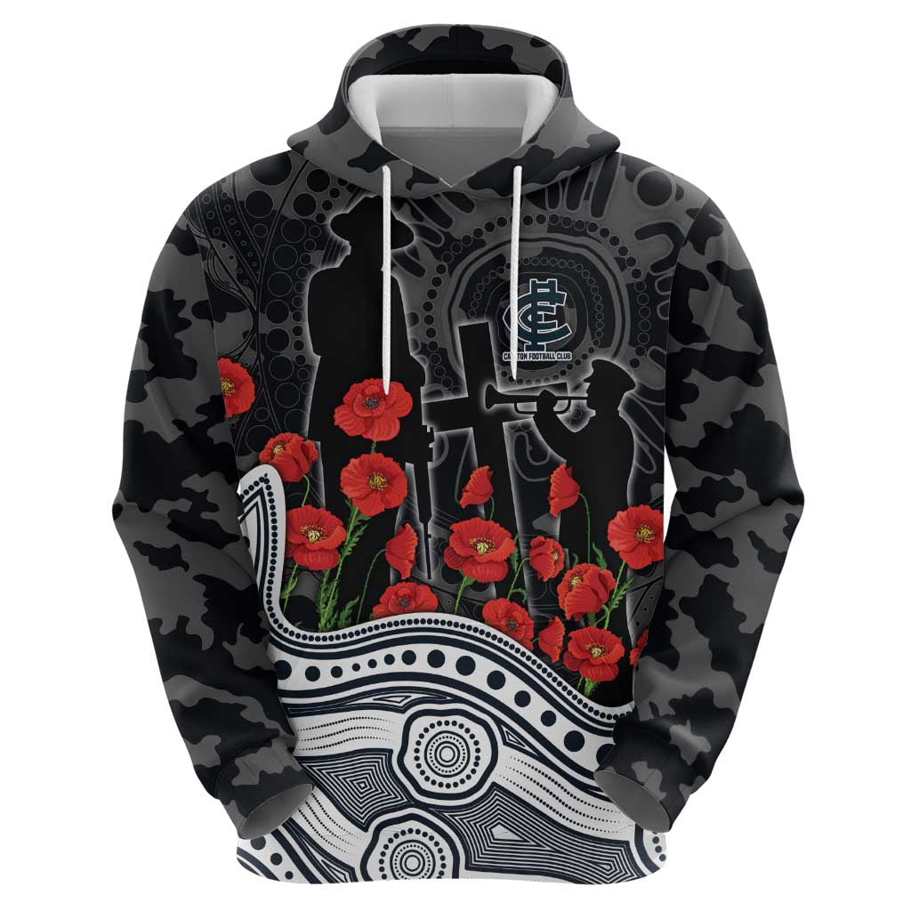 Carlton Blues ANZAC Day Hoodie Indigenous Dot Art with Poppy Flower Tribute