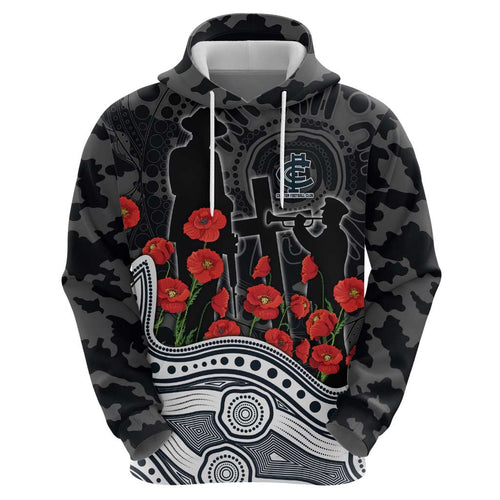 Carlton Blues ANZAC Day Hoodie Indigenous Dot Art with Poppy Flower Tribute