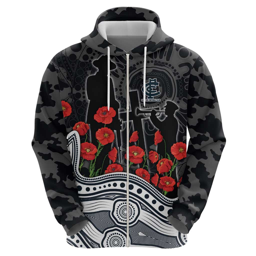 Carlton Blues ANZAC Day Hoodie Indigenous Dot Art with Poppy Flower Tribute