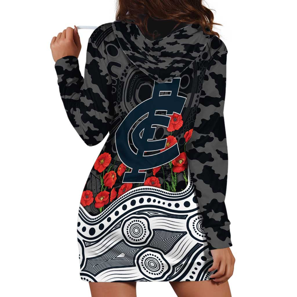 Carlton Blues ANZAC Day Hoodie Dress Indigenous Dot Art with Poppy Flower Tribute