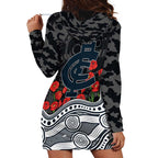 Carlton Blues ANZAC Day Hoodie Dress Indigenous Dot Art with Poppy Flower Tribute