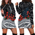 Carlton Blues ANZAC Day Hoodie Dress Indigenous Dot Art with Poppy Flower Tribute