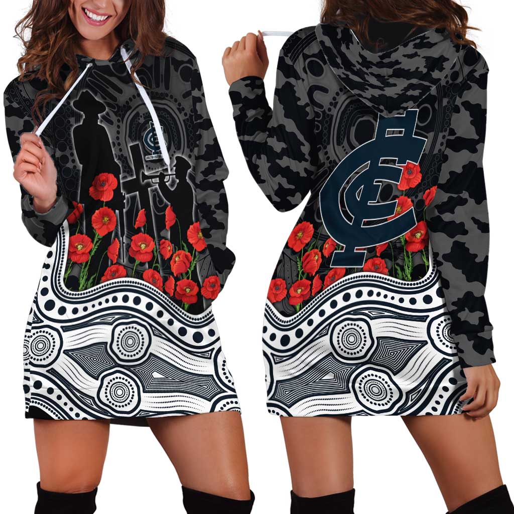 Carlton Blues ANZAC Day Hoodie Dress Indigenous Dot Art with Poppy Flower Tribute
