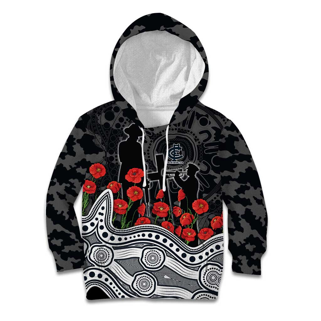 Carlton Blues ANZAC Day Kid Hoodie Indigenous Dot Art with Poppy Flower Tribute