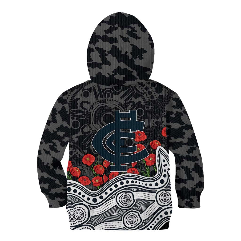 Carlton Blues ANZAC Day Kid Hoodie Indigenous Dot Art with Poppy Flower Tribute