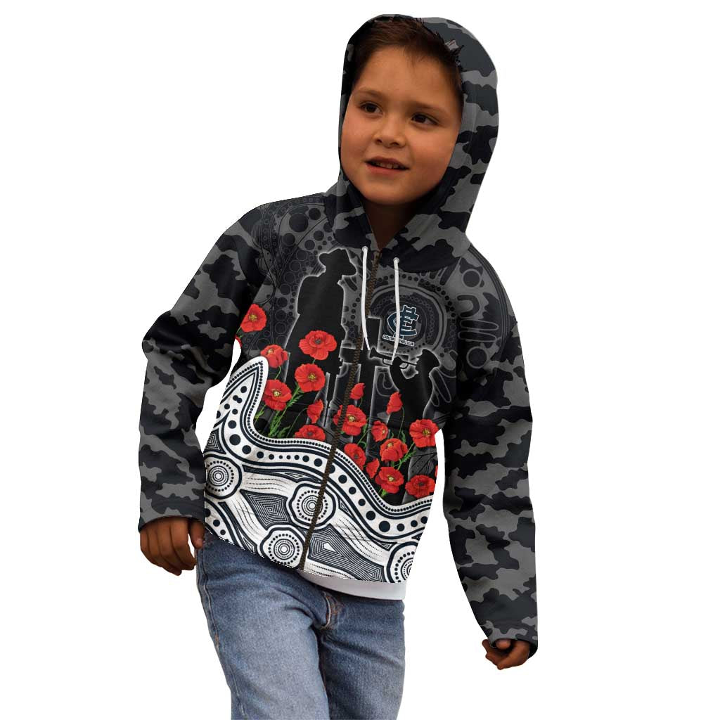 Carlton Blues ANZAC Day Kid Hoodie Indigenous Dot Art with Poppy Flower Tribute