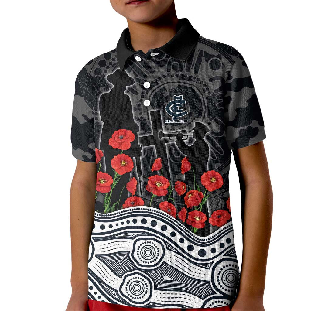Carlton Blues ANZAC Day Kid Polo Shirt Indigenous Dot Art with Poppy Flower Tribute
