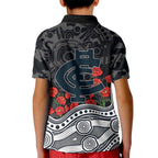Carlton Blues ANZAC Day Kid Polo Shirt Indigenous Dot Art with Poppy Flower Tribute