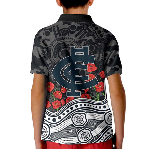 Carlton Blues ANZAC Day Kid Polo Shirt Indigenous Dot Art with Poppy Flower Tribute