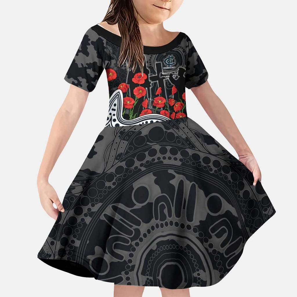 Carlton Blues ANZAC Day Kid Short Sleeve Dress Indigenous Dot Art with Poppy Flower Tribute
