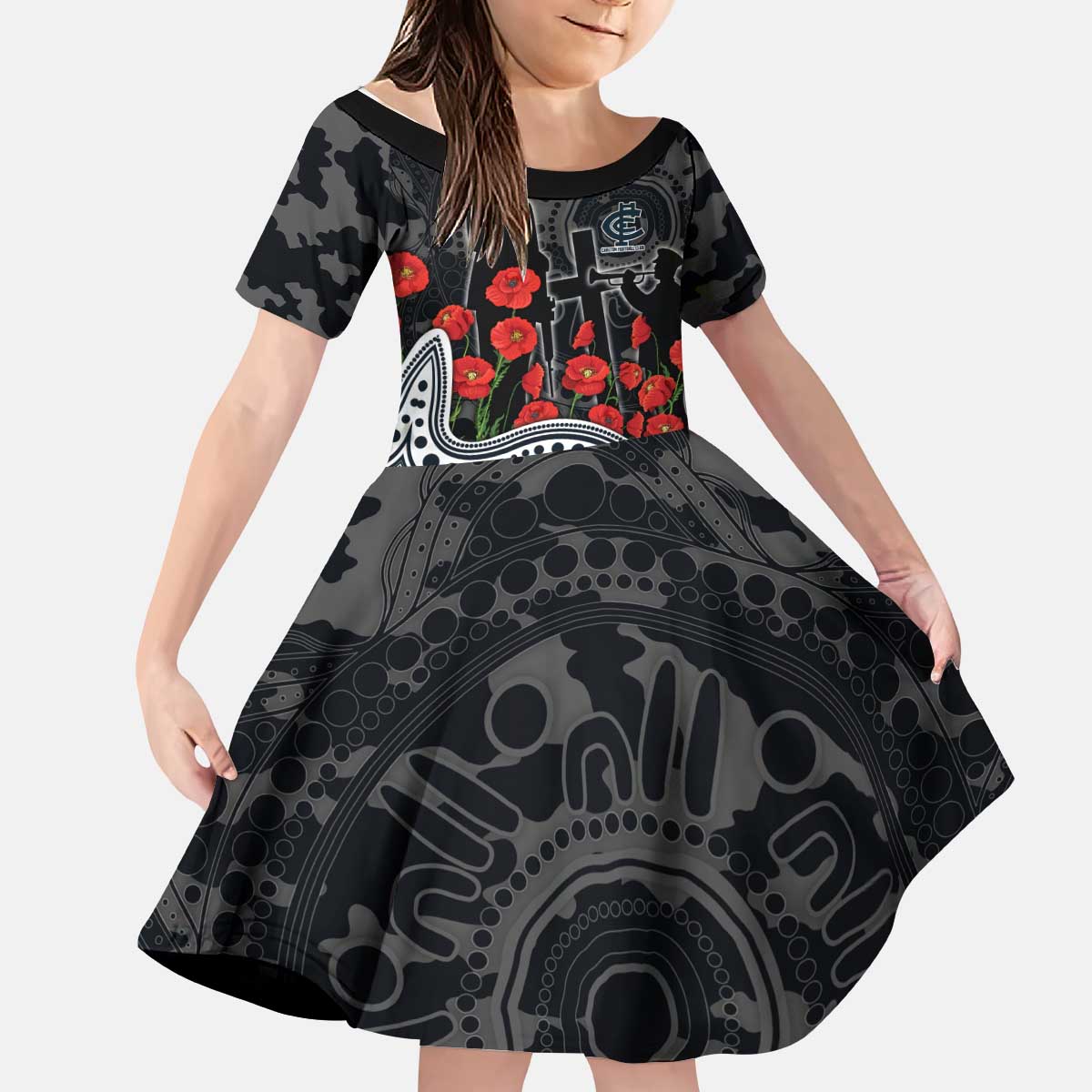 Carlton Blues ANZAC Day Kid Short Sleeve Dress Indigenous Dot Art with Poppy Flower Tribute
