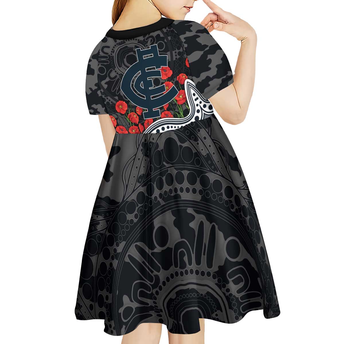 Carlton Blues ANZAC Day Kid Short Sleeve Dress Indigenous Dot Art with Poppy Flower Tribute