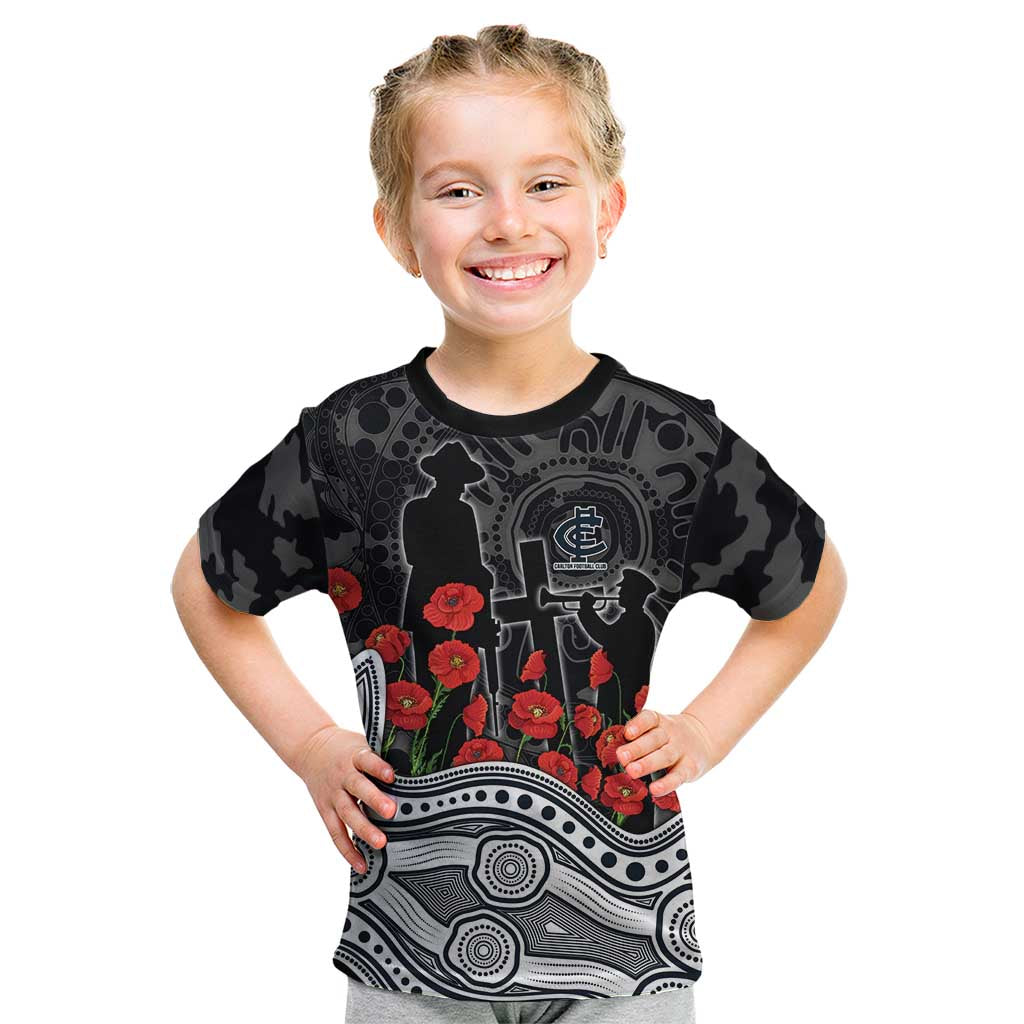 Carlton Blues ANZAC Day Kid T Shirt Indigenous Dot Art with Poppy Flower Tribute