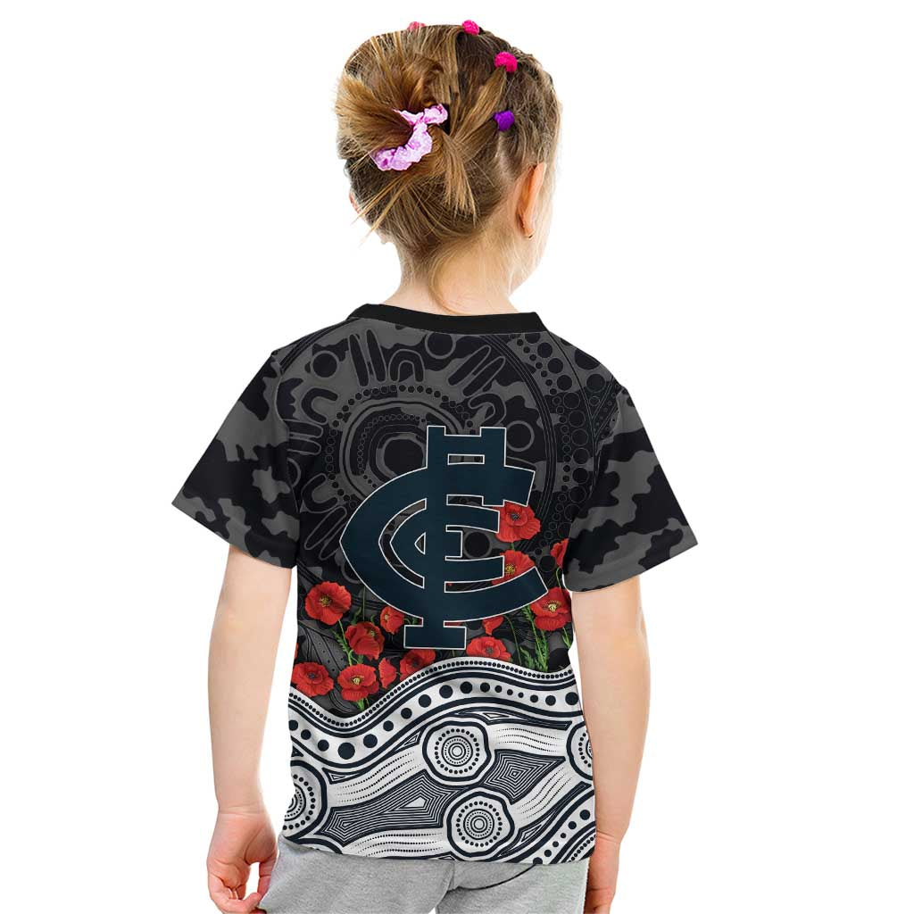 Carlton Blues ANZAC Day Kid T Shirt Indigenous Dot Art with Poppy Flower Tribute