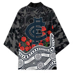 Carlton Blues ANZAC Day Kimono Indigenous Dot Art with Poppy Flower Tribute