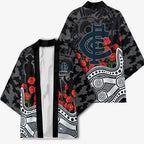 Carlton Blues ANZAC Day Kimono Indigenous Dot Art with Poppy Flower Tribute