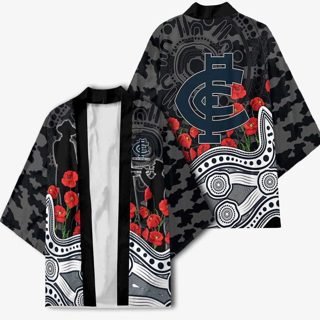 Carlton Blues ANZAC Day Kimono Indigenous Dot Art with Poppy Flower Tribute