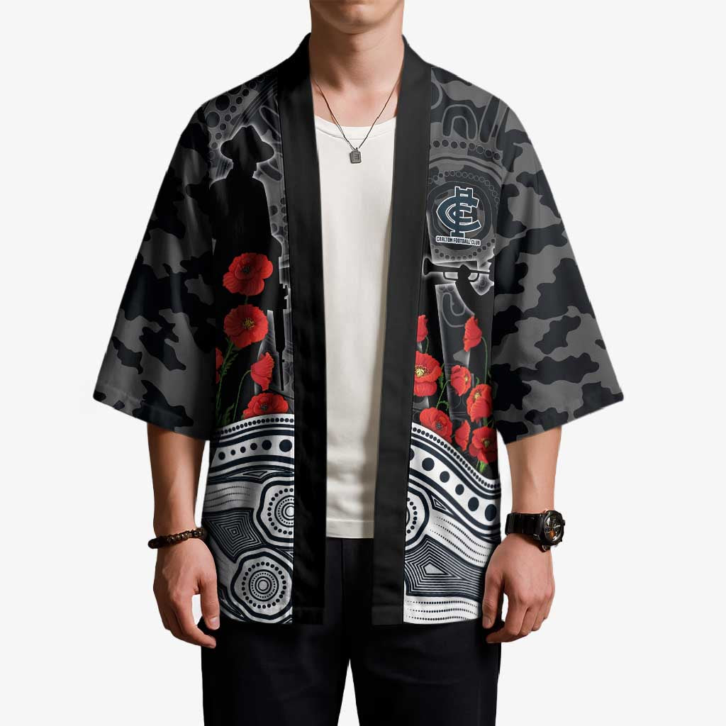 Carlton Blues ANZAC Day Kimono Indigenous Dot Art with Poppy Flower Tribute