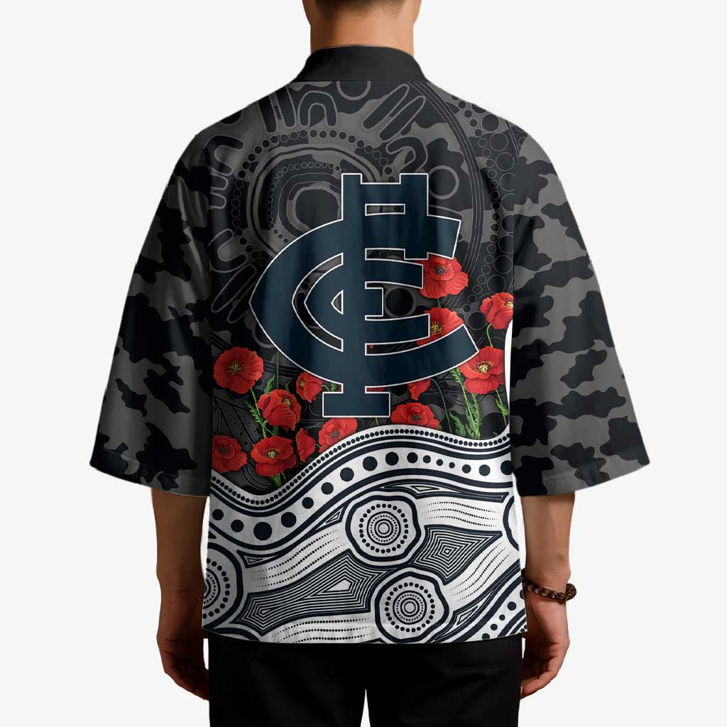 Carlton Blues ANZAC Day Kimono Indigenous Dot Art with Poppy Flower Tribute