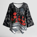 Carlton Blues ANZAC Day Kimono Sleeve Blouse Indigenous Dot Art with Poppy Flower Tribute