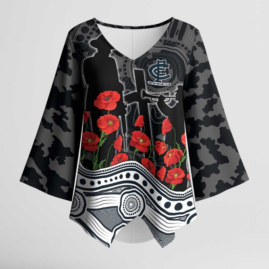 Carlton Blues ANZAC Day Kimono Sleeve Blouse Indigenous Dot Art with Poppy Flower Tribute