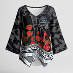 Carlton Blues ANZAC Day Kimono Sleeve Blouse Indigenous Dot Art with Poppy Flower Tribute