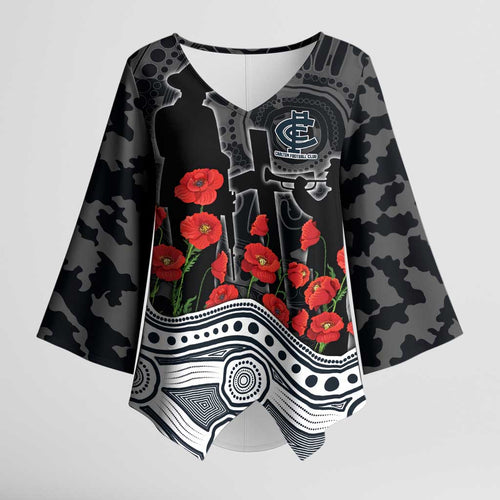 Carlton Blues ANZAC Day Kimono Sleeve Blouse Indigenous Dot Art with Poppy Flower Tribute