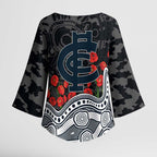 Carlton Blues ANZAC Day Kimono Sleeve Blouse Indigenous Dot Art with Poppy Flower Tribute
