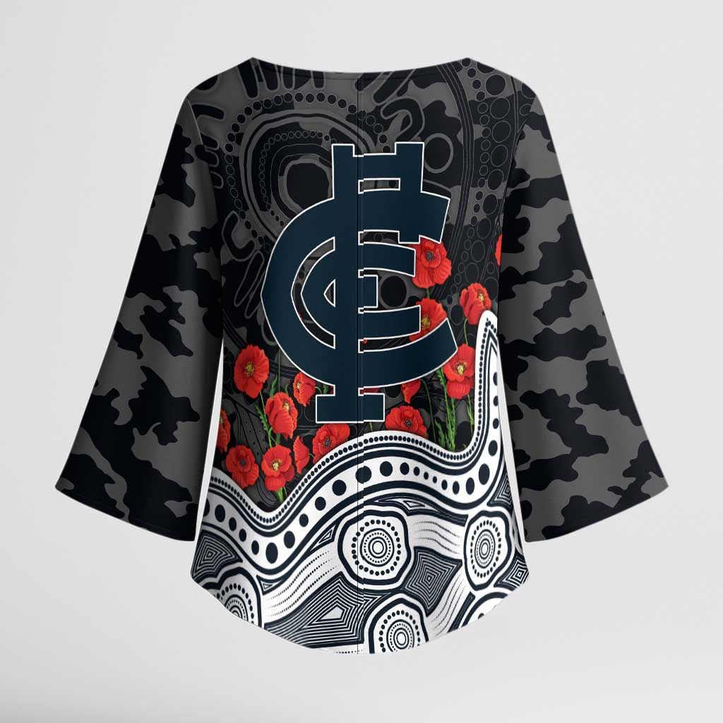 Carlton Blues ANZAC Day Kimono Sleeve Blouse Indigenous Dot Art with Poppy Flower Tribute