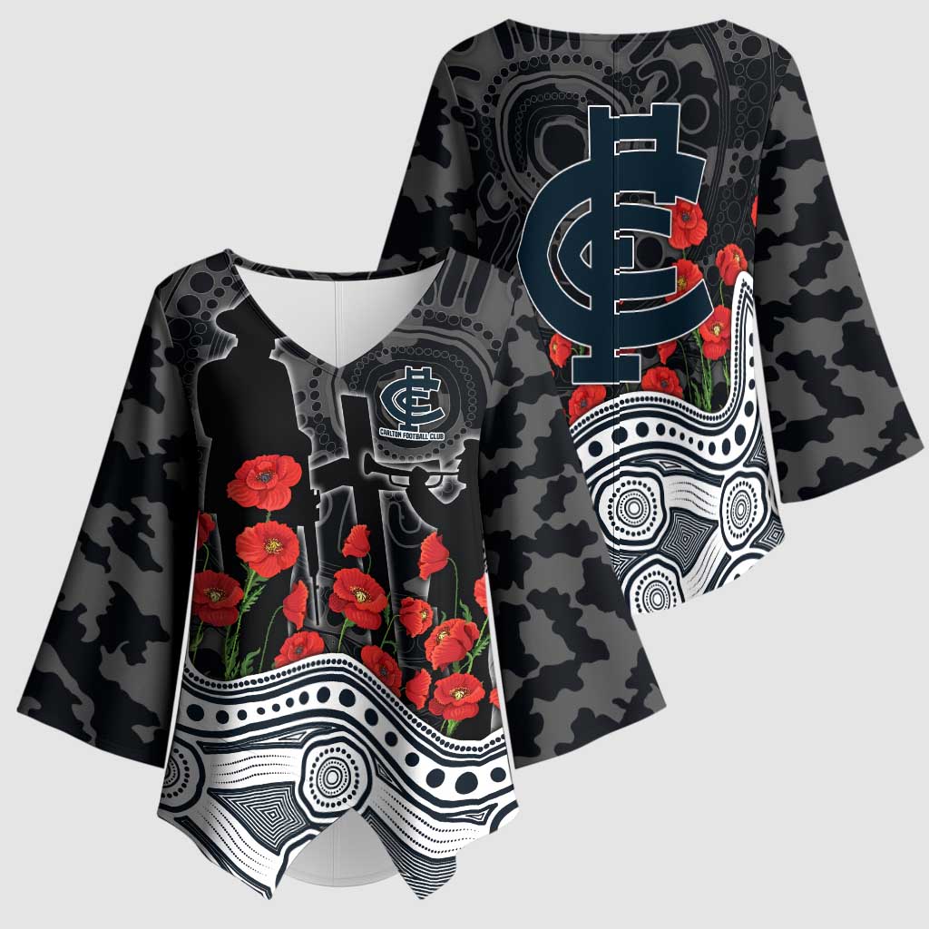 Carlton Blues ANZAC Day Kimono Sleeve Blouse Indigenous Dot Art with Poppy Flower Tribute