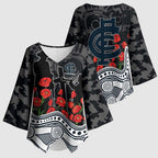 Carlton Blues ANZAC Day Kimono Sleeve Blouse Indigenous Dot Art with Poppy Flower Tribute