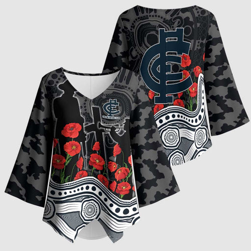 Carlton Blues ANZAC Day Kimono Sleeve Blouse Indigenous Dot Art with Poppy Flower Tribute