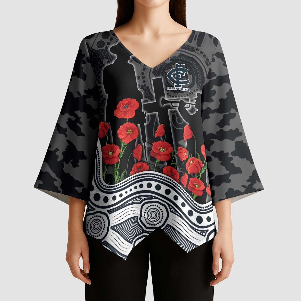 Carlton Blues ANZAC Day Kimono Sleeve Blouse Indigenous Dot Art with Poppy Flower Tribute