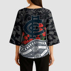 Carlton Blues ANZAC Day Kimono Sleeve Blouse Indigenous Dot Art with Poppy Flower Tribute