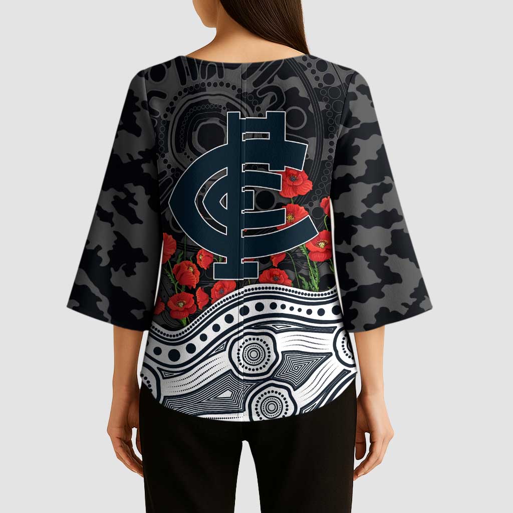 Carlton Blues ANZAC Day Kimono Sleeve Blouse Indigenous Dot Art with Poppy Flower Tribute