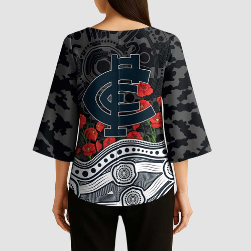 Carlton Blues ANZAC Day Kimono Sleeve Blouse Indigenous Dot Art with Poppy Flower Tribute