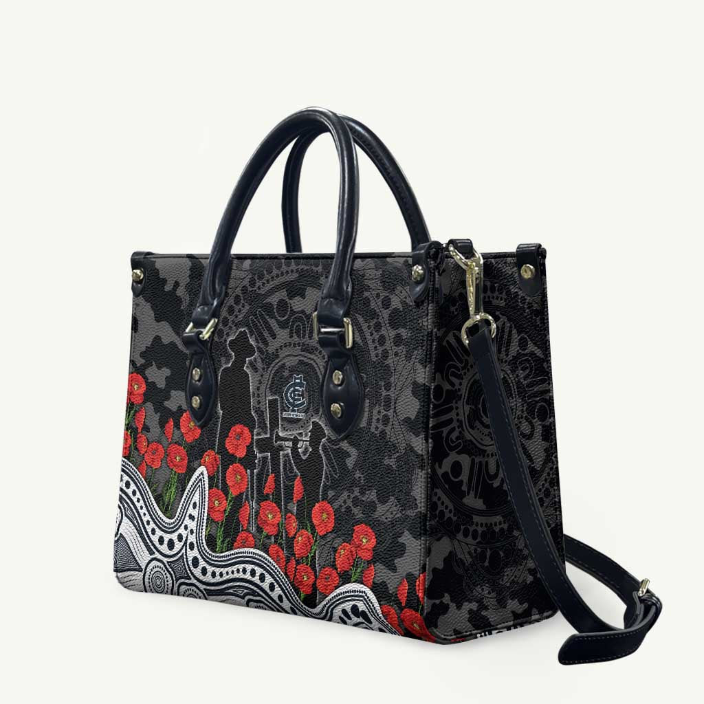 Carlton Blues ANZAC Day Leather Bag Indigenous Dot Art with Poppy Flower Tribute